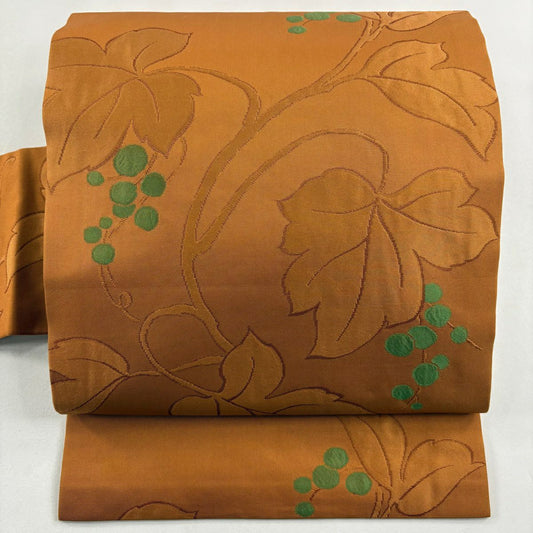 【美品】名古屋帶 秀品級 葡萄 山吹茶 純蠶絲