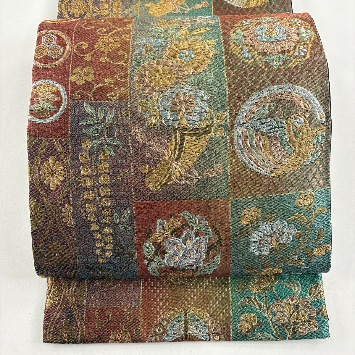 【美品】 袋帶 秀品級 花熨斗紋 花鳥 金絲 金金箔 紅茶 六通 純蠶絲