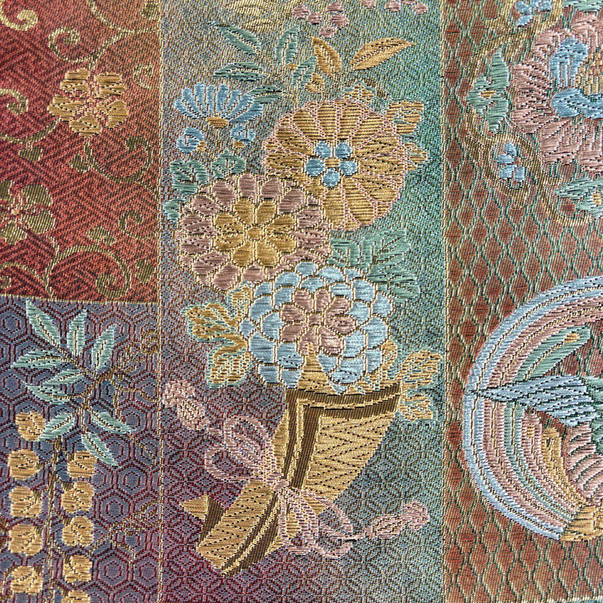 【美品】 袋帶 秀品級 花熨斗紋 花鳥 金絲 金金箔 紅茶 六通 純蠶絲