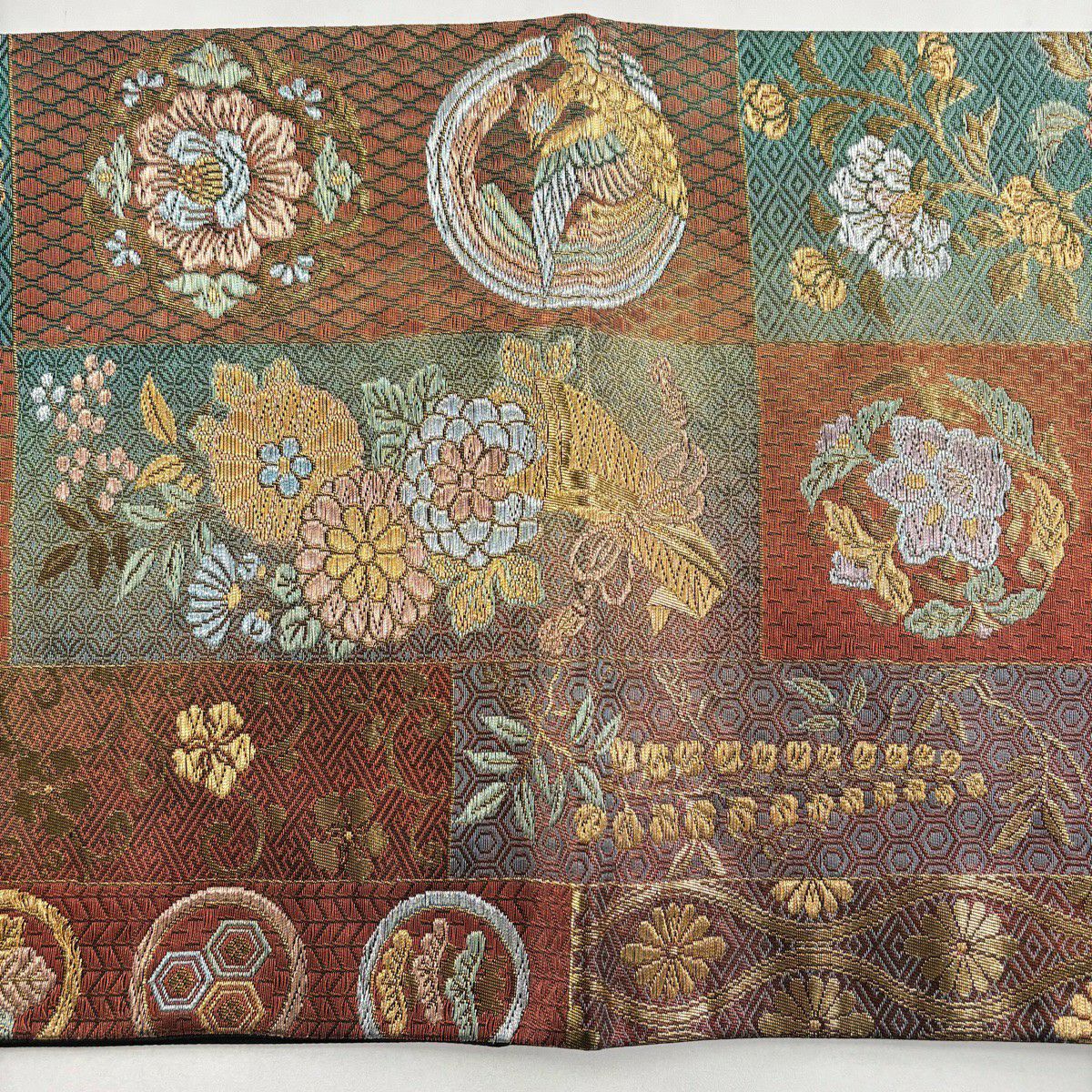 【美品】 袋帶 秀品級 花熨斗紋 花鳥 金絲 金金箔 紅茶 六通 純蠶絲