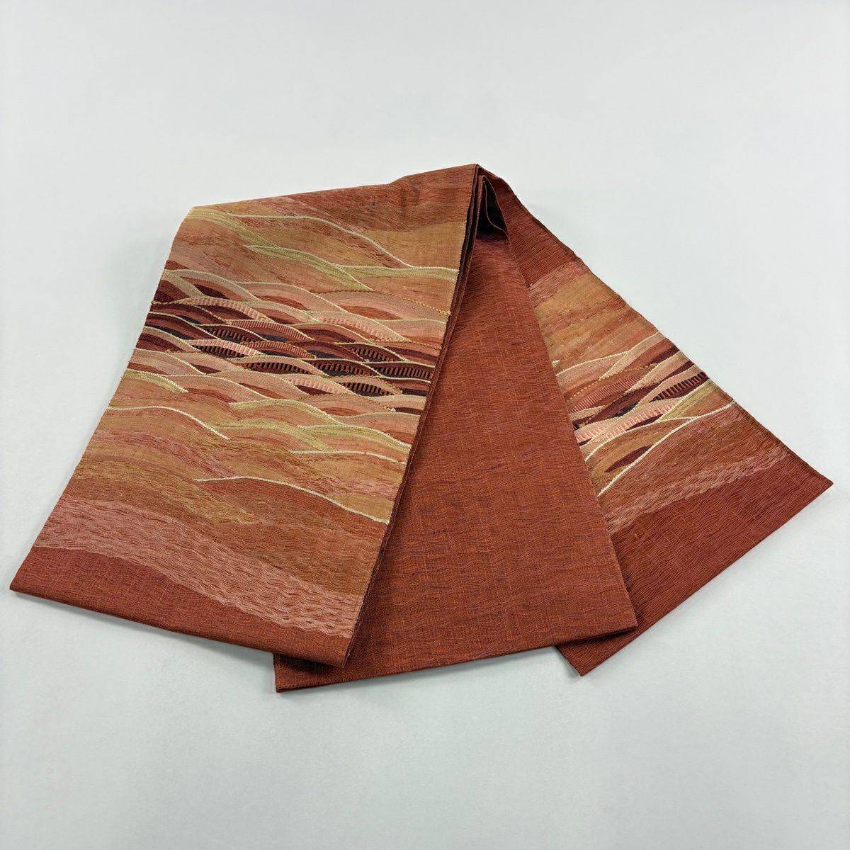 【美品】 袋帶 秀品級 波 紅色 お太鼓圖案 純蠶絲