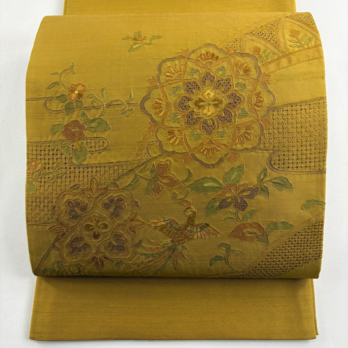 【美品】 袋帶 秀品級 紬織織 華紋 花鳥 刺繡 黃土 深色 お太鼓柄 純蠶絲