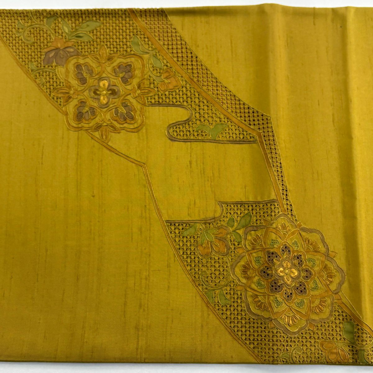 【美品】 袋帶 秀品級 紬織織 華紋 花鳥 刺繡 黃土 深色 お太鼓柄 純蠶絲