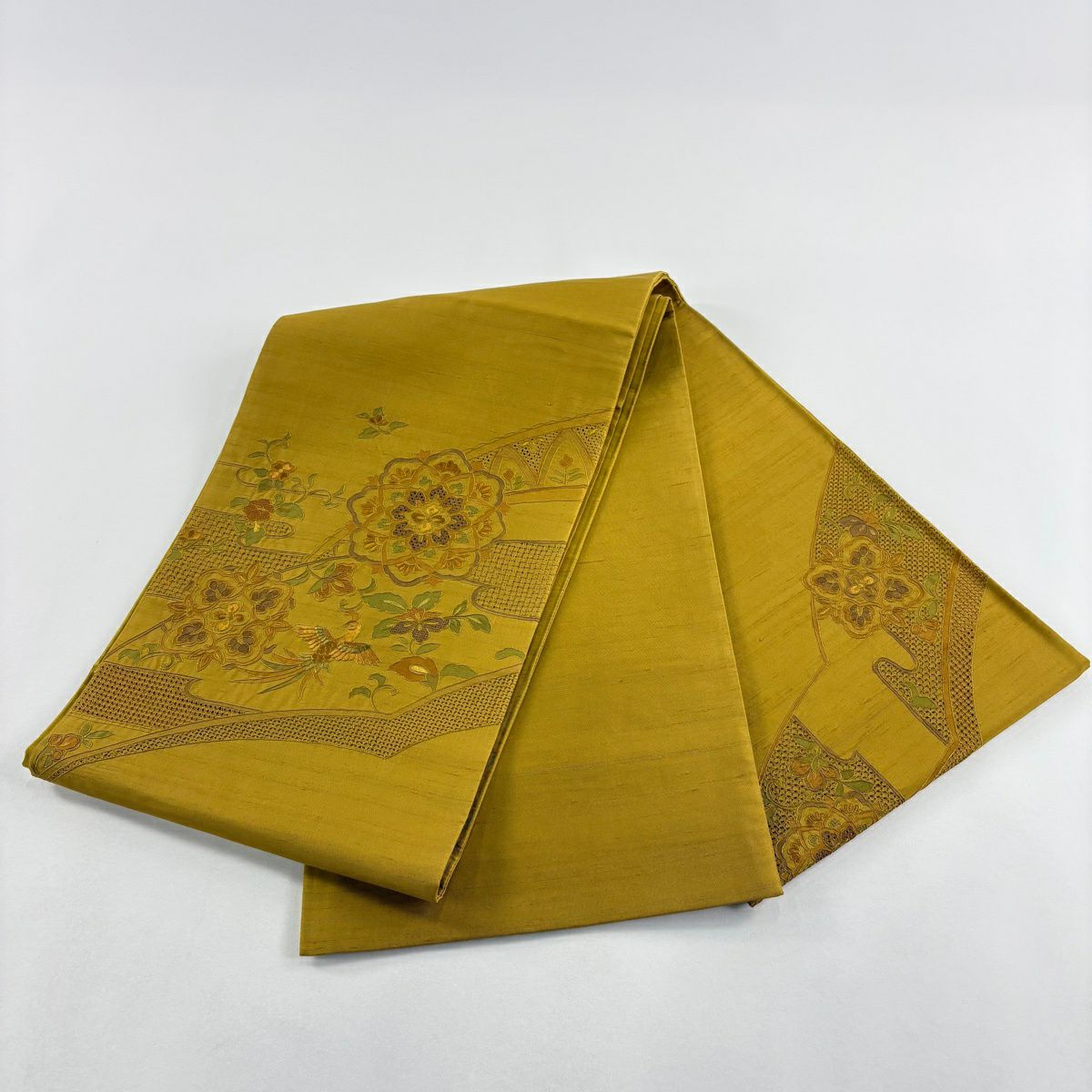 【美品】 袋帶 秀品級 紬織織 華紋 花鳥 刺繡 黃土 深色 お太鼓柄 純蠶絲