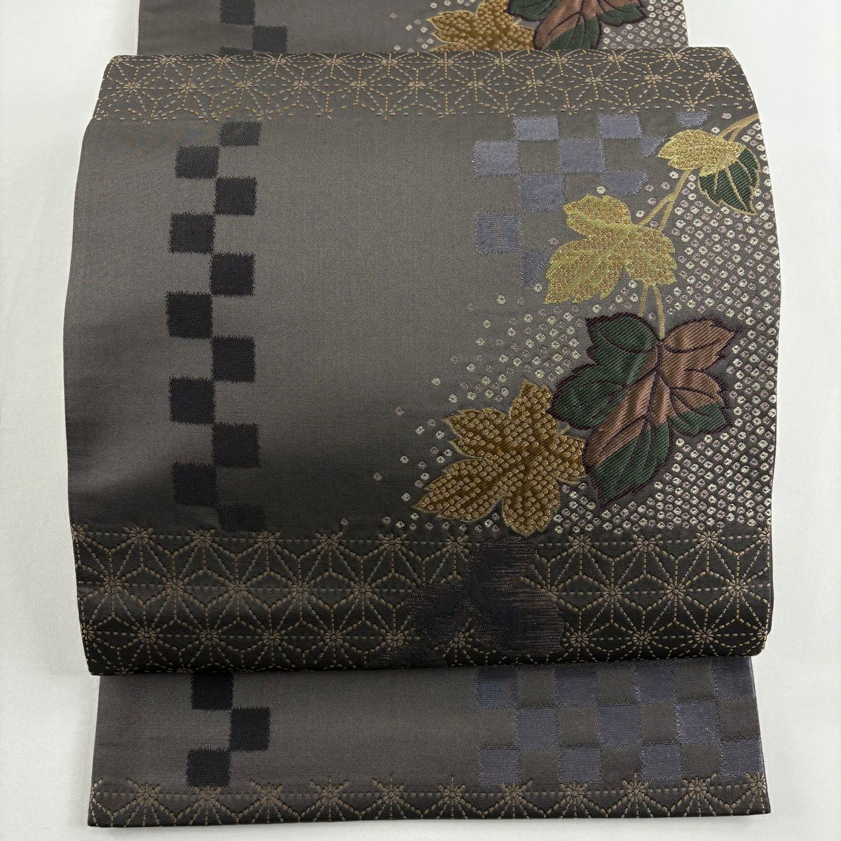 【美品】 袋帶 秀品級 大和 葉紋 麻葉 金絲 灰紫 六通 純蠶絲