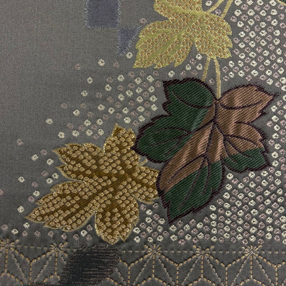 【美品】 袋帶 秀品級 大和 葉紋 麻葉 金絲 灰紫 六通 純蠶絲