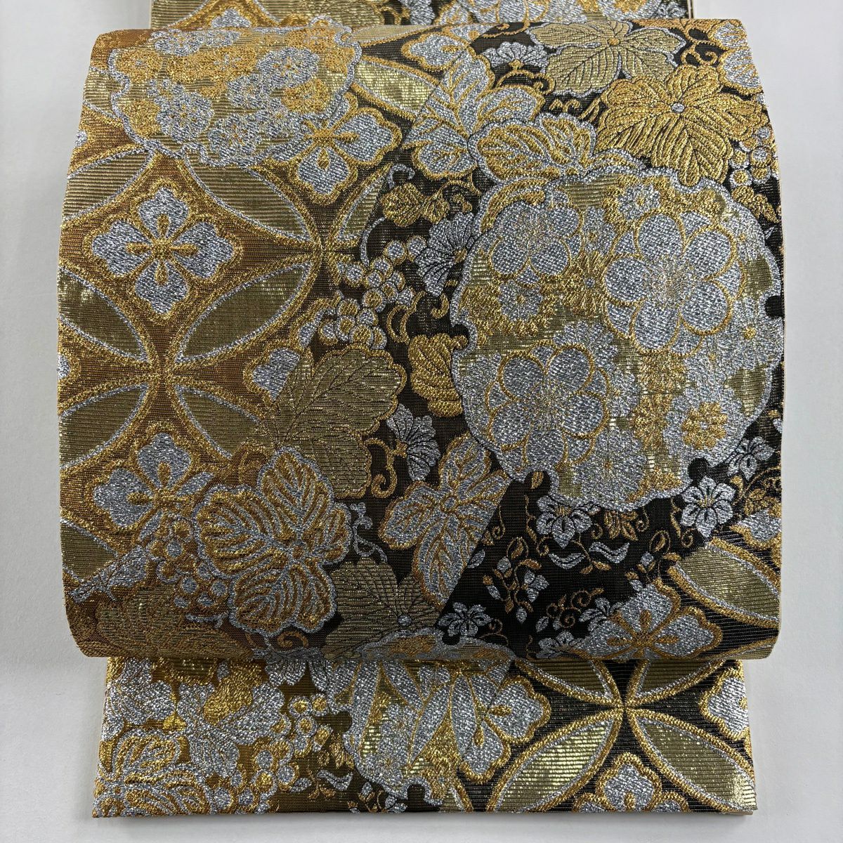 【美品】 袋帶 秀品級 雪輪 七寶花菱 金金箔 金絲 金茶 六通 純蠶絲