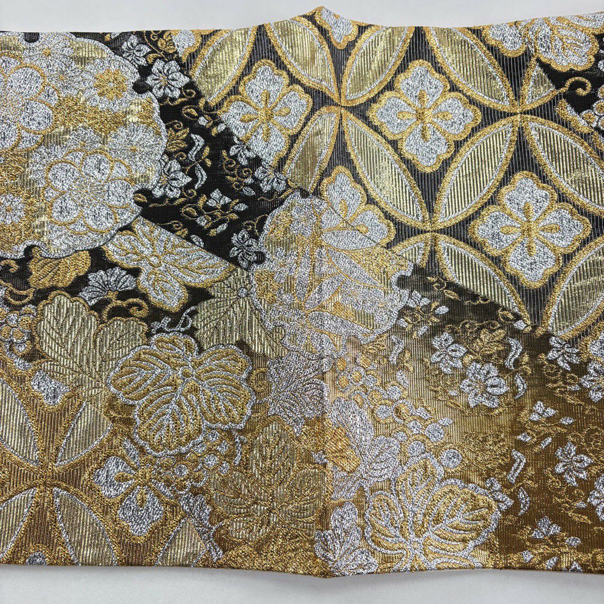 【美品】 袋帶 秀品級 雪輪 七寶花菱 金金箔 金絲 金茶 六通 純蠶絲