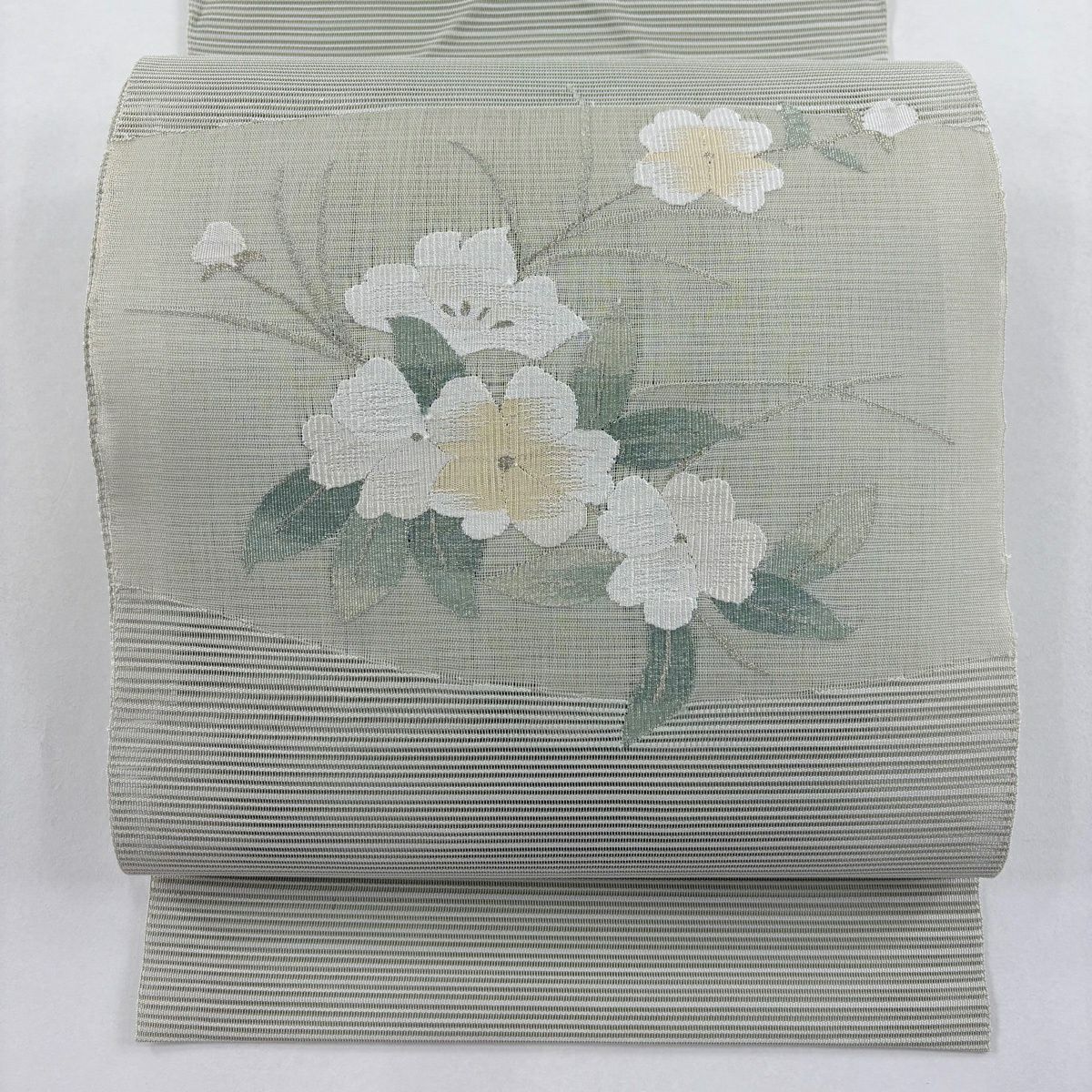 名古屋帶 秀品級 八寸名古屋帶 松樹葉仕立 夏帶 絽 鐵道仕立 草花紋紋 金銀彩 灰綠 純蠶絲