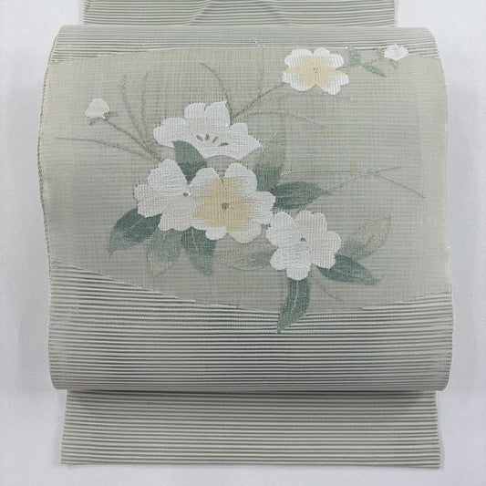 名古屋帶 秀品級 八寸名古屋帶 松樹葉仕立 夏帶 絽 鐵道仕立 草花紋紋 金銀彩 灰綠 純蠶絲