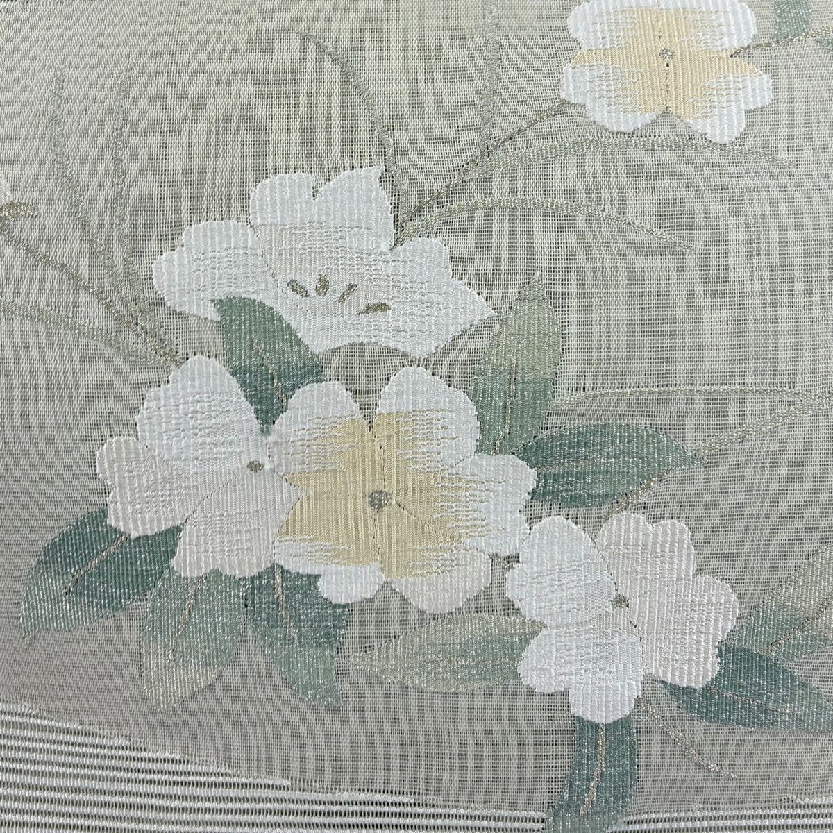 名古屋帶 秀品級 八寸名古屋帶 松樹葉仕立 夏帶 絽 鐵道仕立 草花紋紋 金銀彩 灰綠 純蠶絲