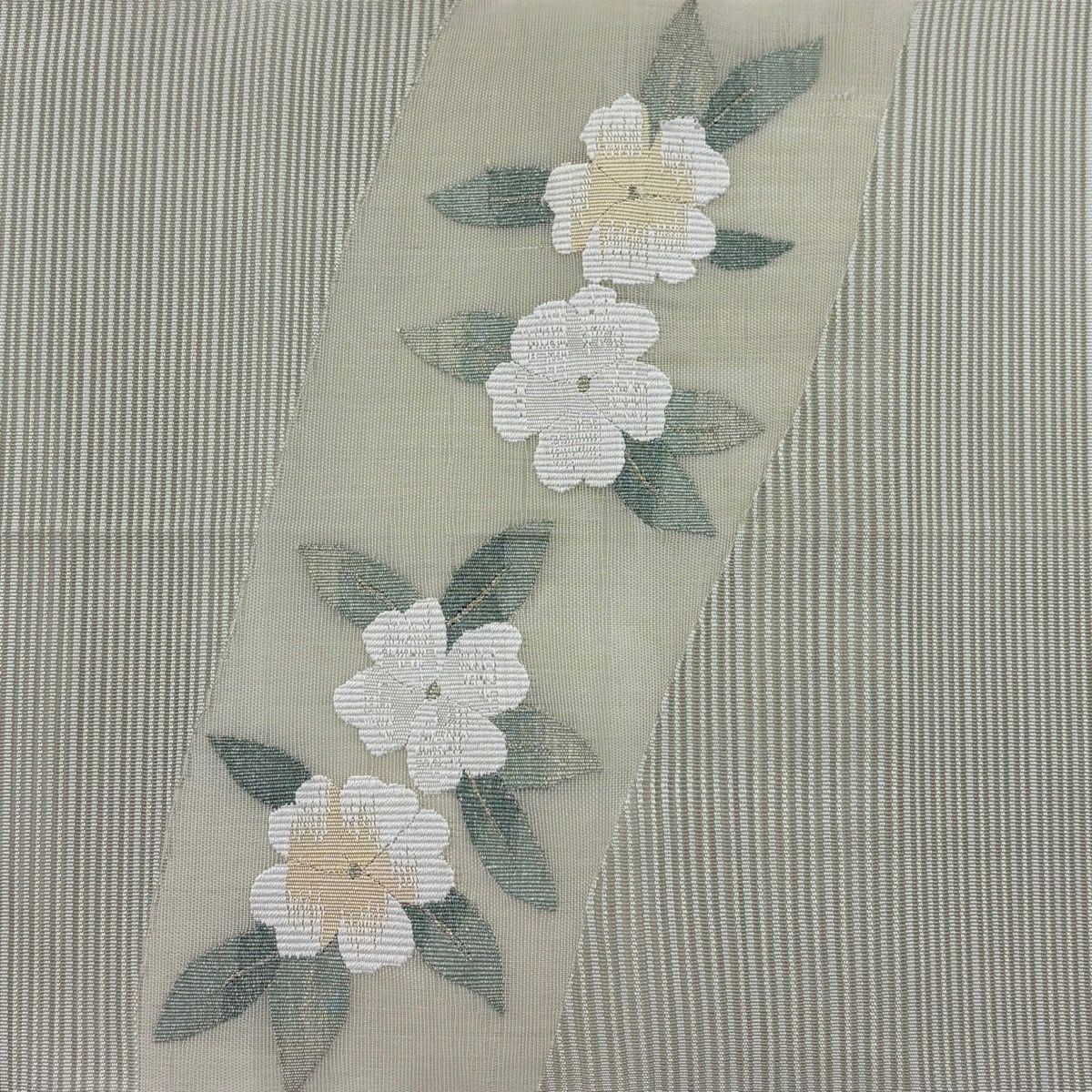 名古屋帶 秀品級 八寸名古屋帶 松樹葉仕立 夏帶 絽 鐵道仕立 草花紋紋 金銀彩 灰綠 純蠶絲