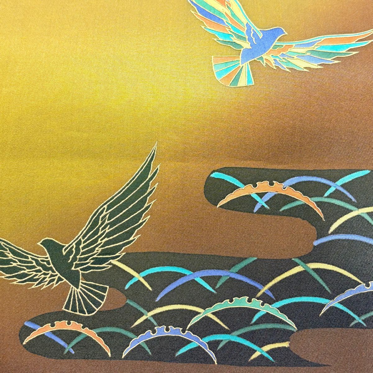 袋帶 秀品級 鳥 ヱ霞 金銀彩 金金箔 山吹茶 純蠶絲