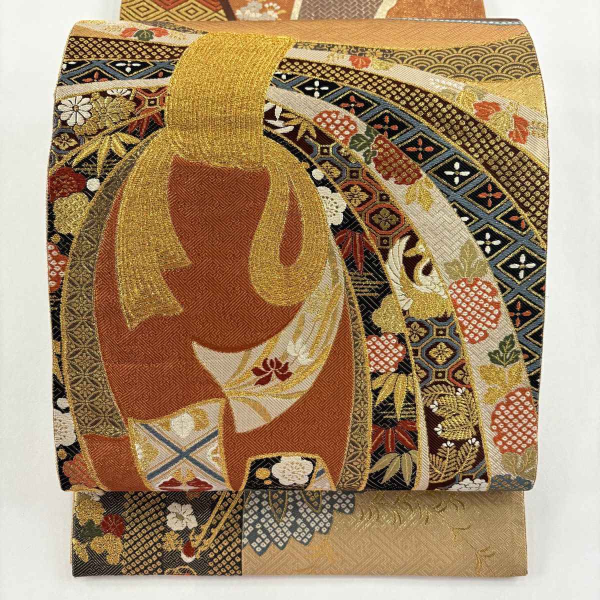 【美品】 袋帶 秀品級 本金金箔 全通總文樣 金絲 唐織 紅茶 全通 純蠶絲