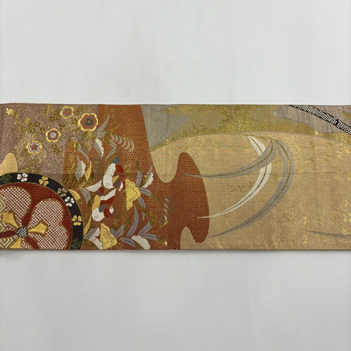 【美品】 袋帶 秀品級 本金金箔 全通總文樣 金絲 唐織 紅茶 全通 純蠶絲