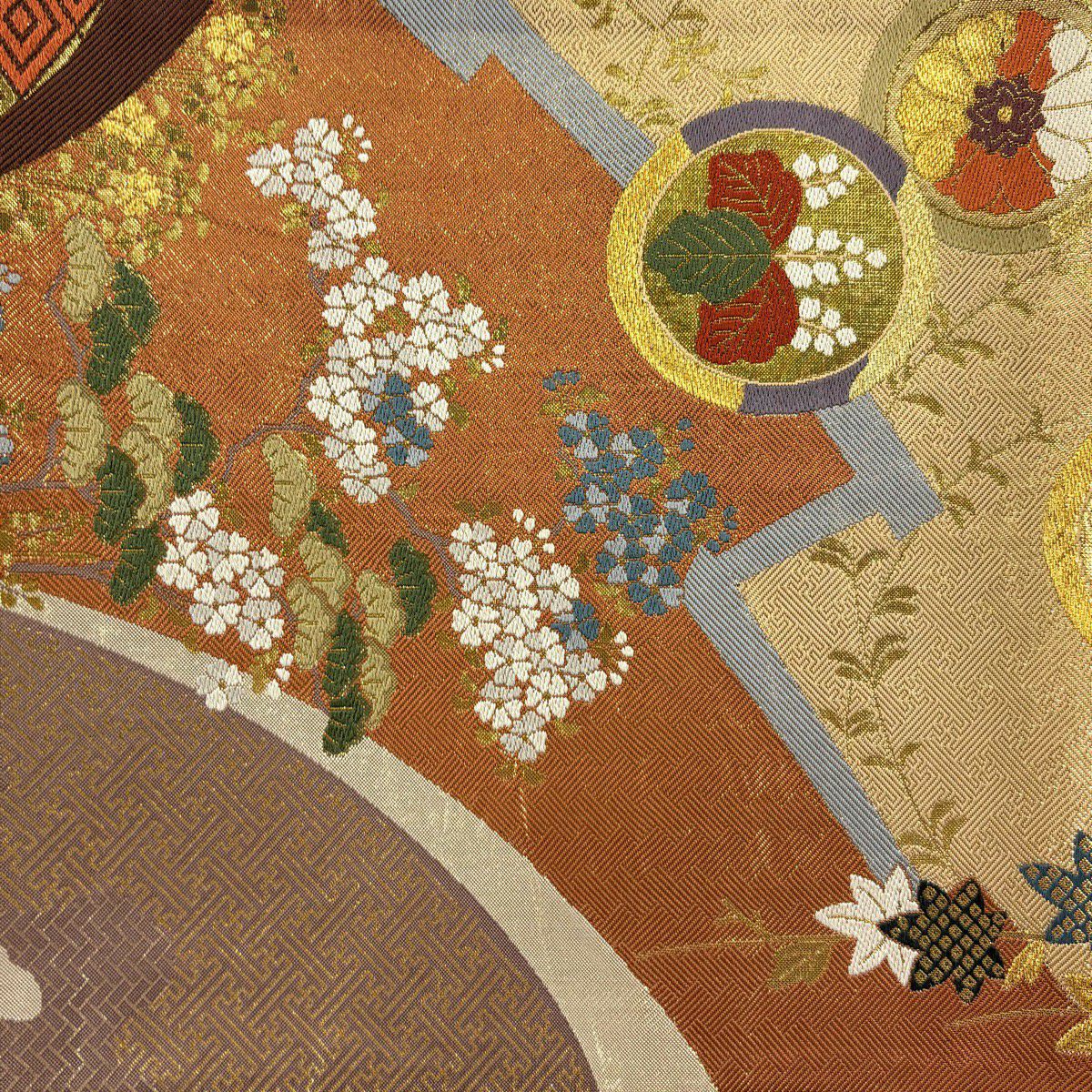 【美品】 袋帶 秀品級 本金金箔 全通總文樣 金絲 唐織 紅茶 全通 純蠶絲