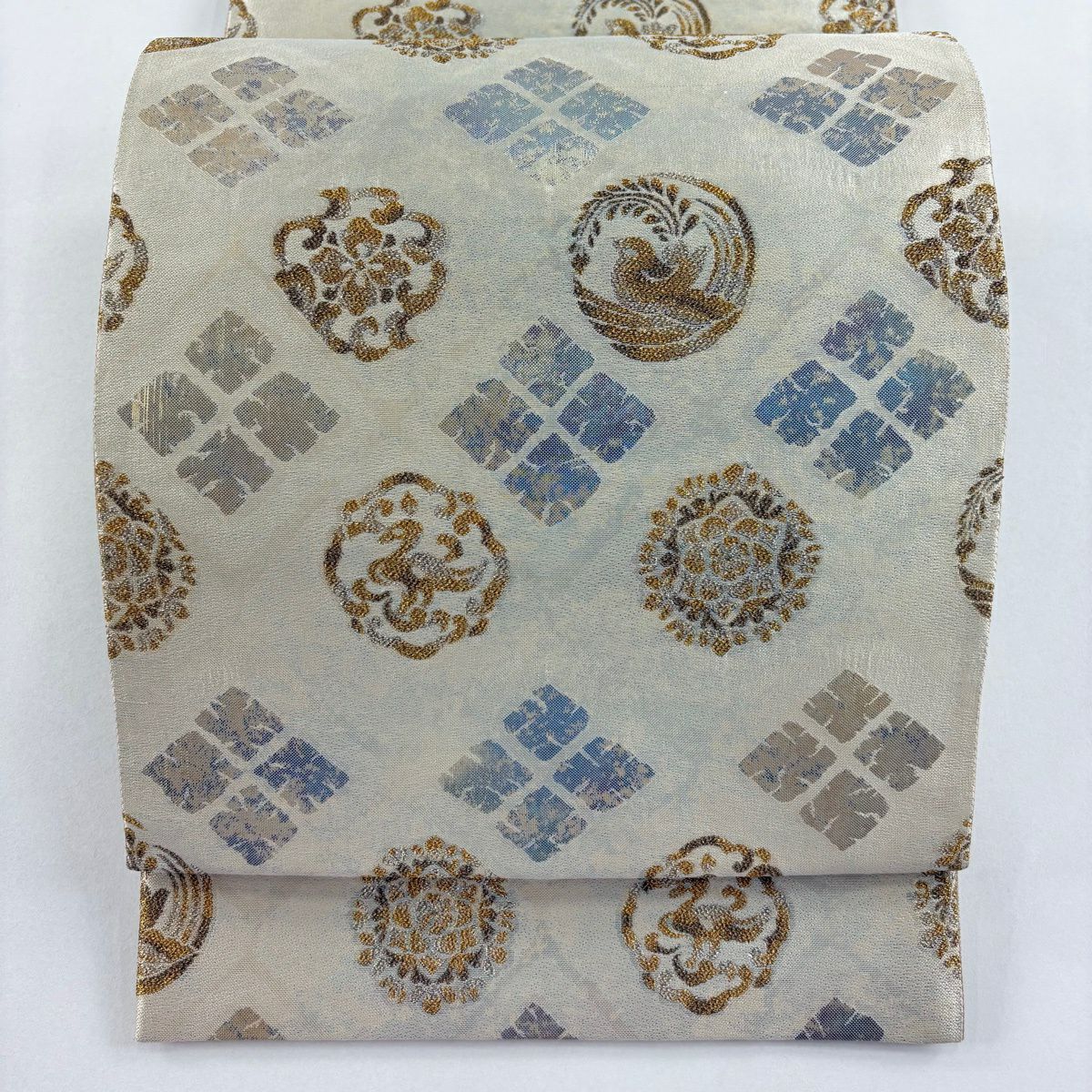 【美品】 袋帶 秀品級 利休 華紋 鳥 金金箔 奶油 六通 純蠶絲