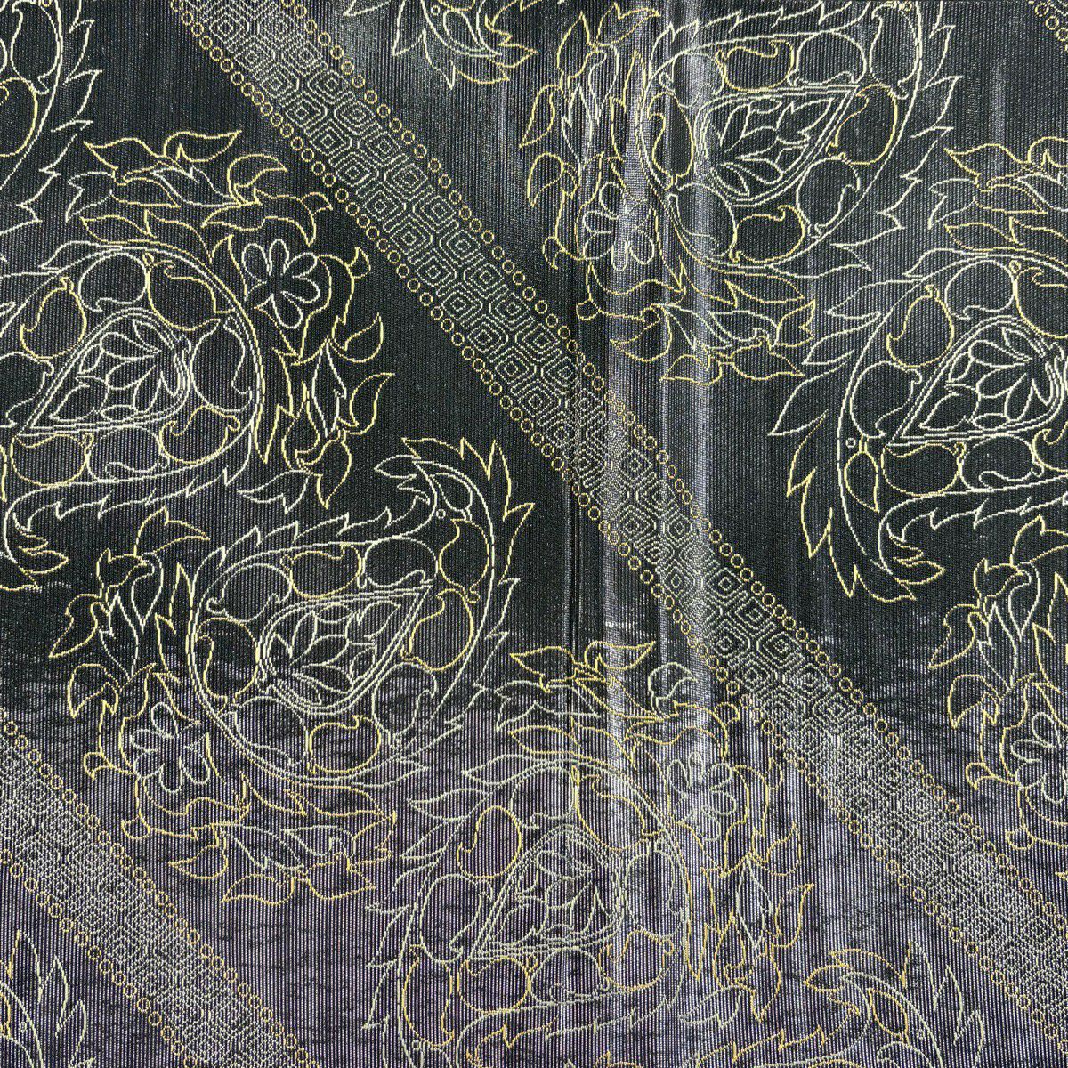 【美品】 袋帶 秀品級 線祥文乃匠 草花紋幾何學 金金箔 黑 六通 純蠶絲