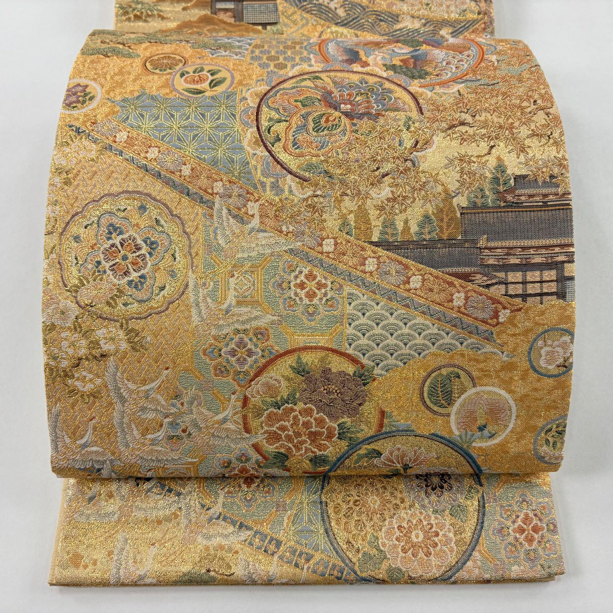 【美品】 袋帶 秀品級 天平正倉繪卷 花鳥 金金箔 金色 六通 純蠶絲