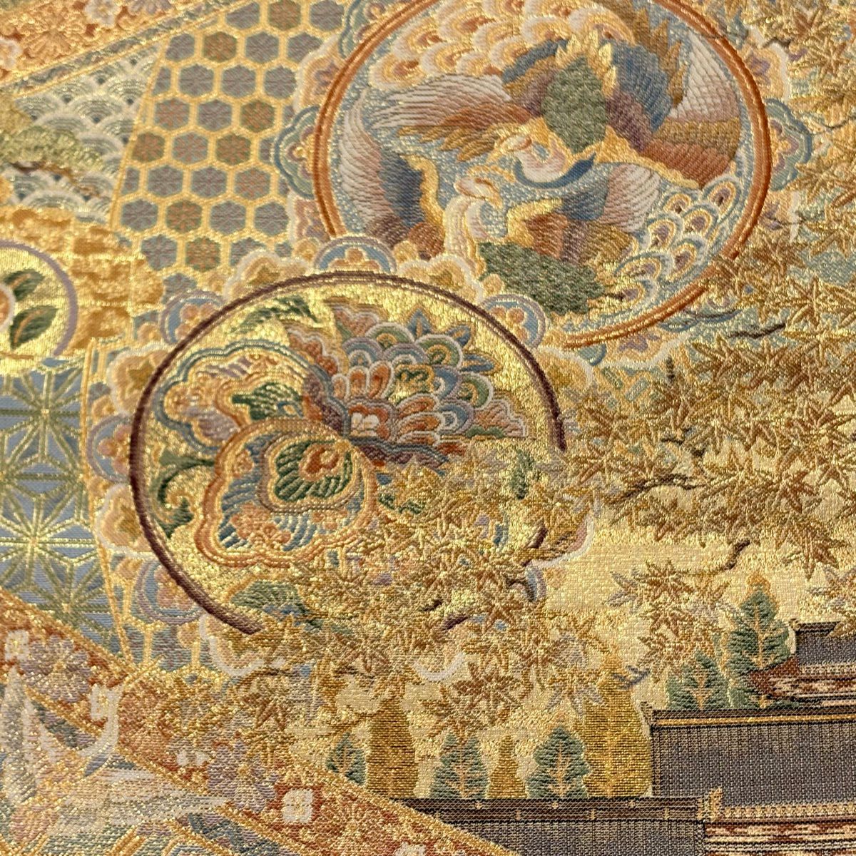 【美品】 袋帶 秀品級 天平正倉繪卷 花鳥 金金箔 金色 六通 純蠶絲