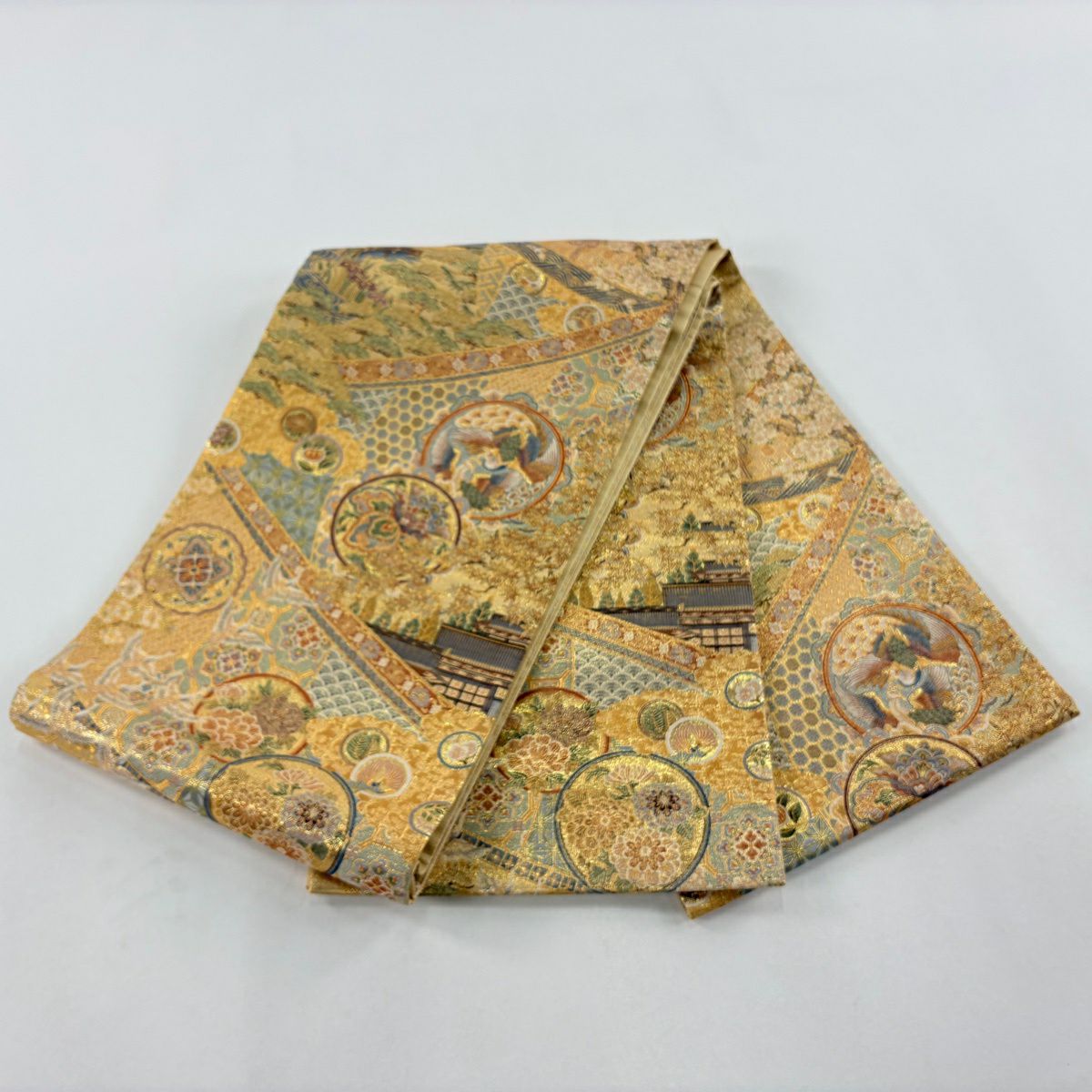 【美品】 袋帶 秀品級 天平正倉繪卷 花鳥 金金箔 金色 六通 純蠶絲