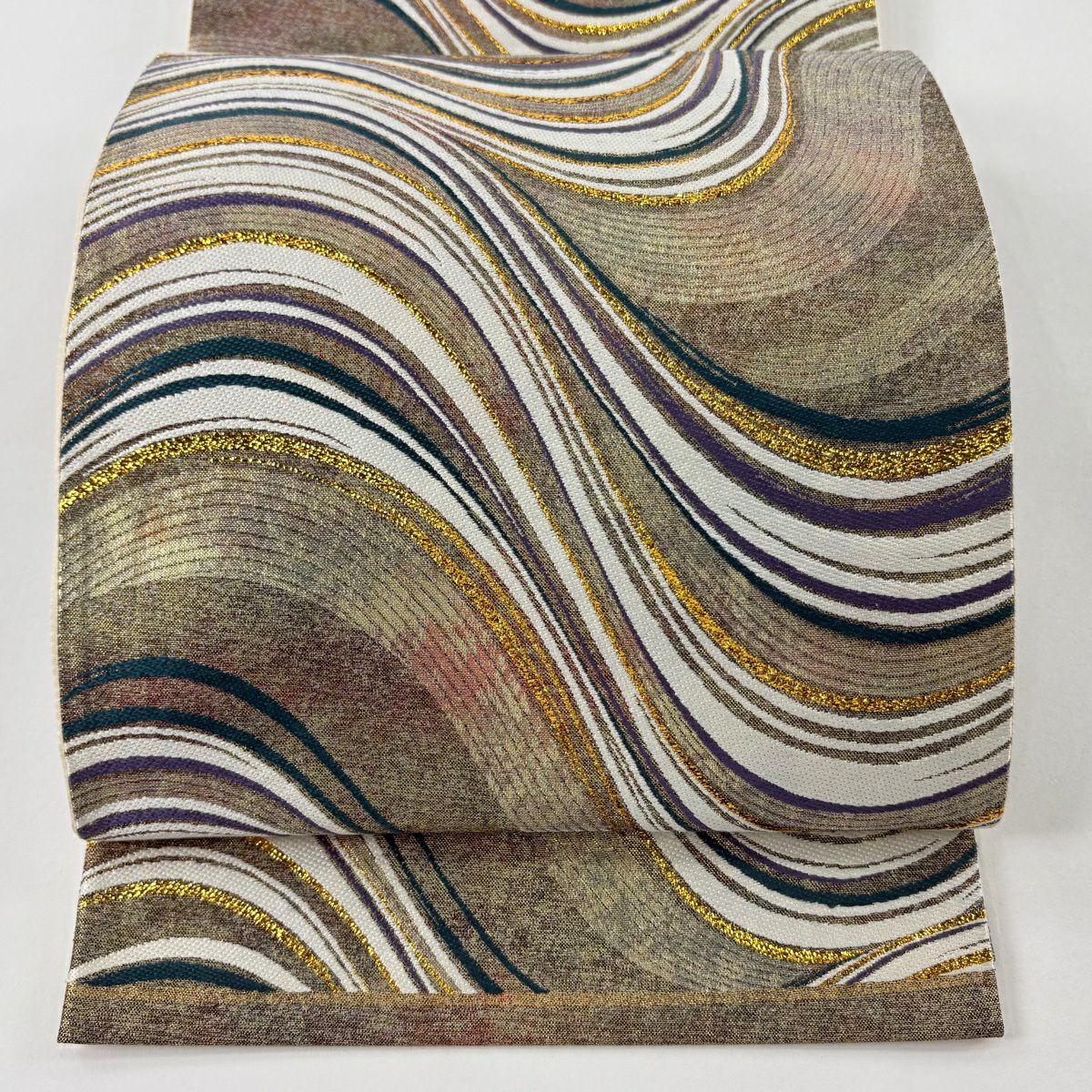 【美品】 袋帶 秀品級 流水 金金箔 唐織 茶綠 六通 純蠶絲