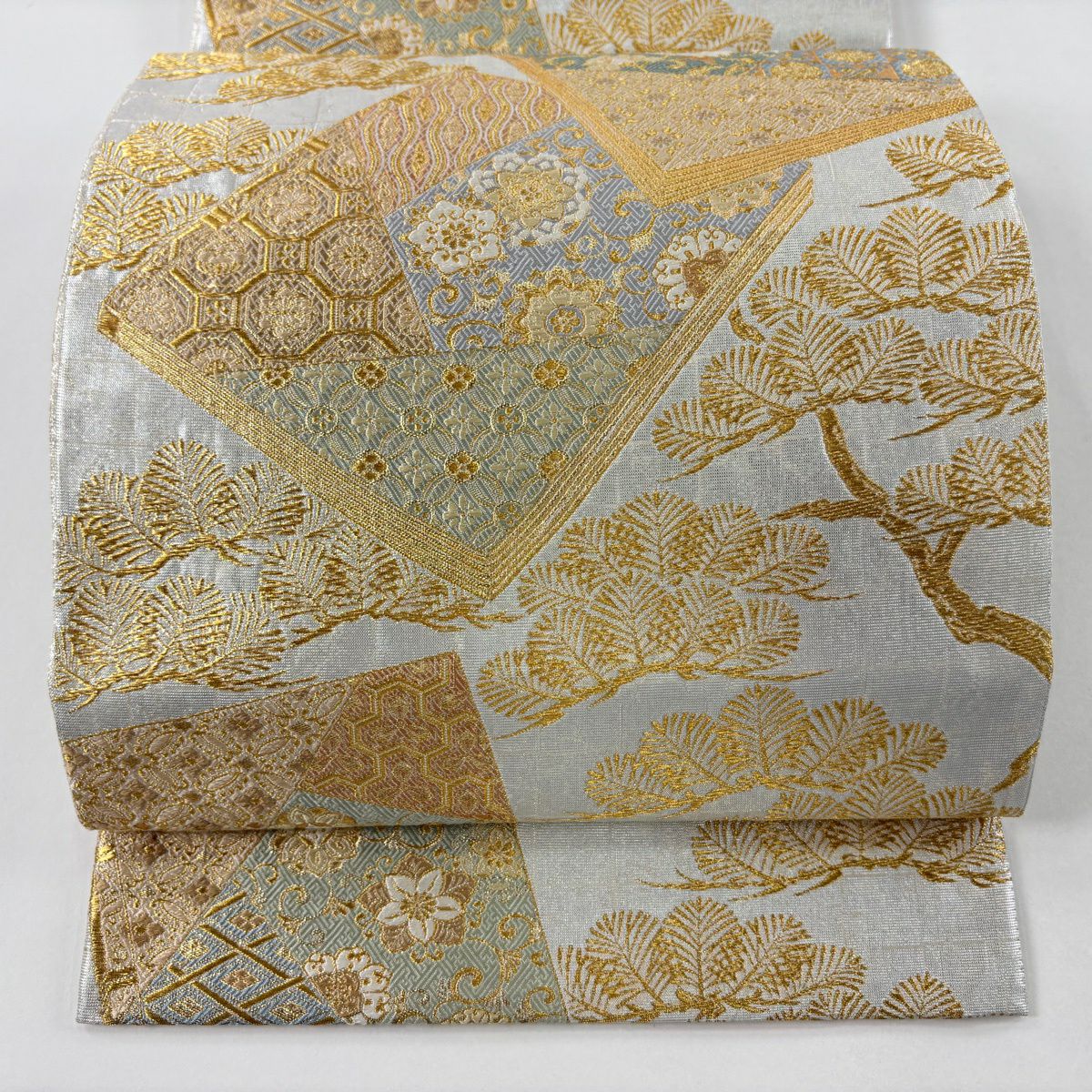 袋帶 秀品級 冊子 花唐草紋 金絲 金金箔 灰白 六通 純蠶絲