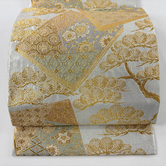 袋帶 秀品級 冊子 花唐草紋 金絲 金金箔 灰白 六通 純蠶絲