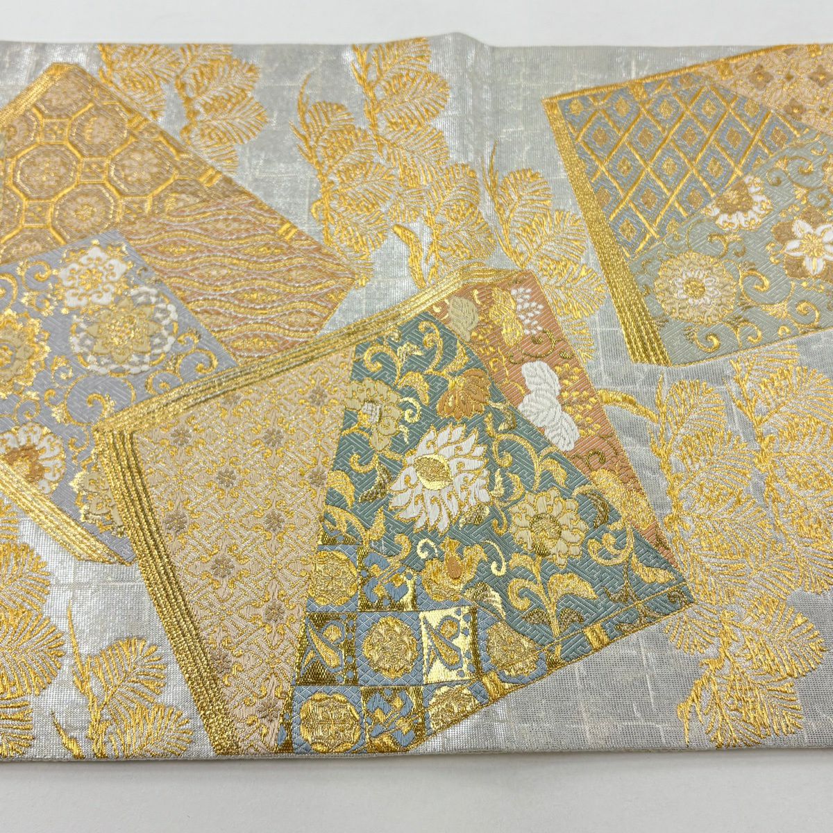 袋帶 秀品級 冊子 花唐草紋 金絲 金金箔 灰白 六通 純蠶絲
