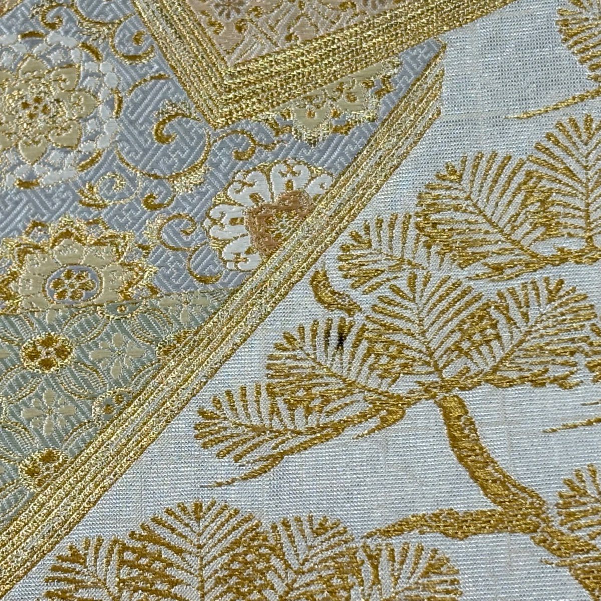 袋帶 秀品級 冊子 花唐草紋 金絲 金金箔 灰白 六通 純蠶絲