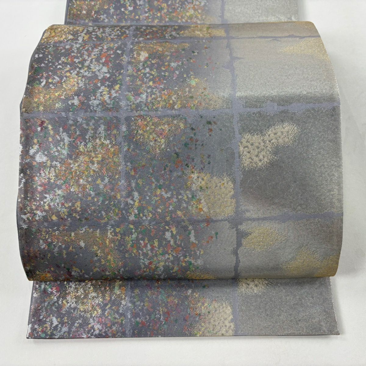 袋帶 秀品級 格子 幾何圖案 金線 金金箔 灰 深藍 六通 純蠶絲