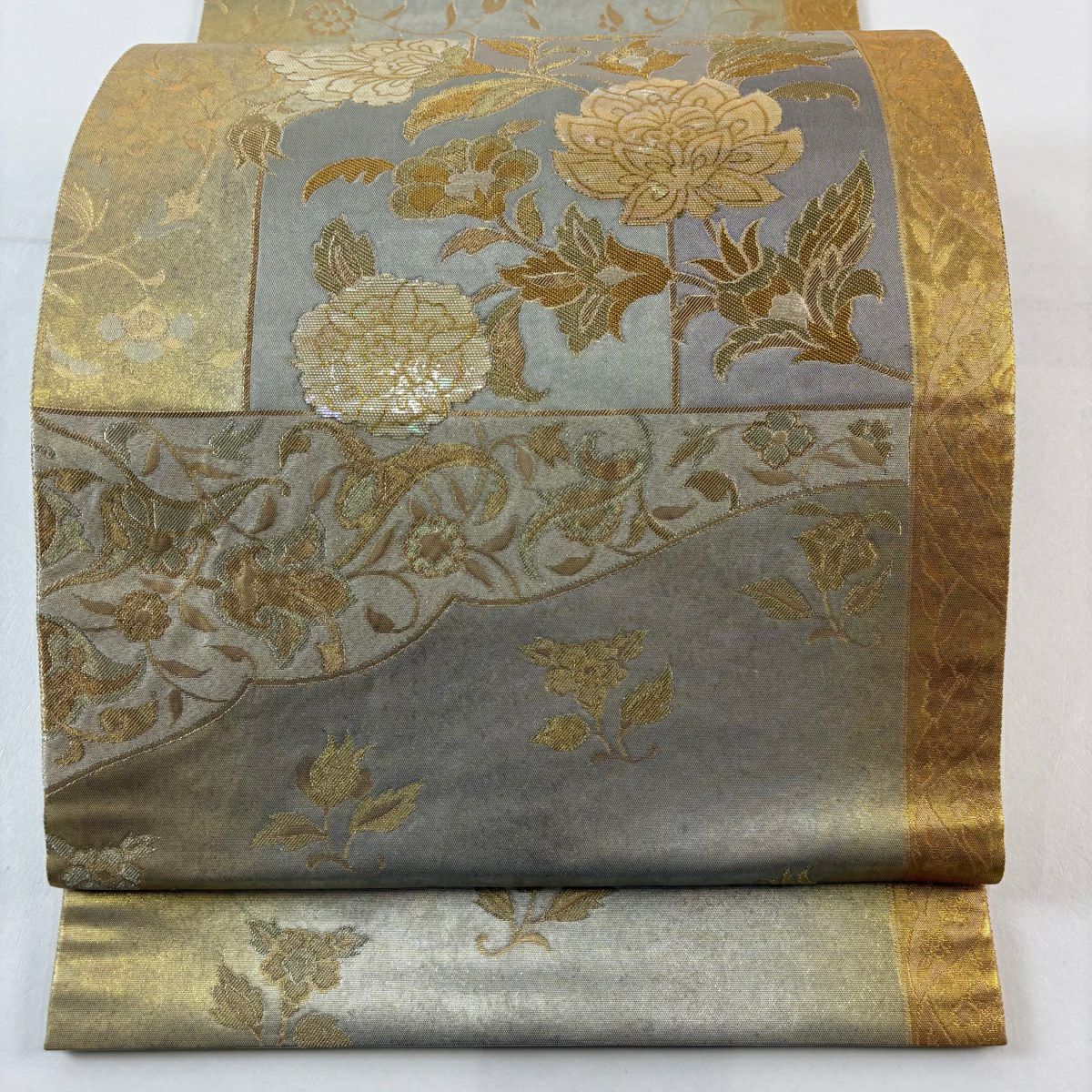 袋帶 優品級 花唐草紋 幾何圖案 金絲 金金箔 米色 大鼓圖案 純蠶絲