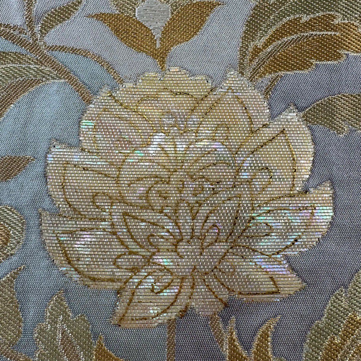 袋帶 優品級 花唐草紋 幾何圖案 金絲 金金箔 米色 大鼓圖案 純蠶絲