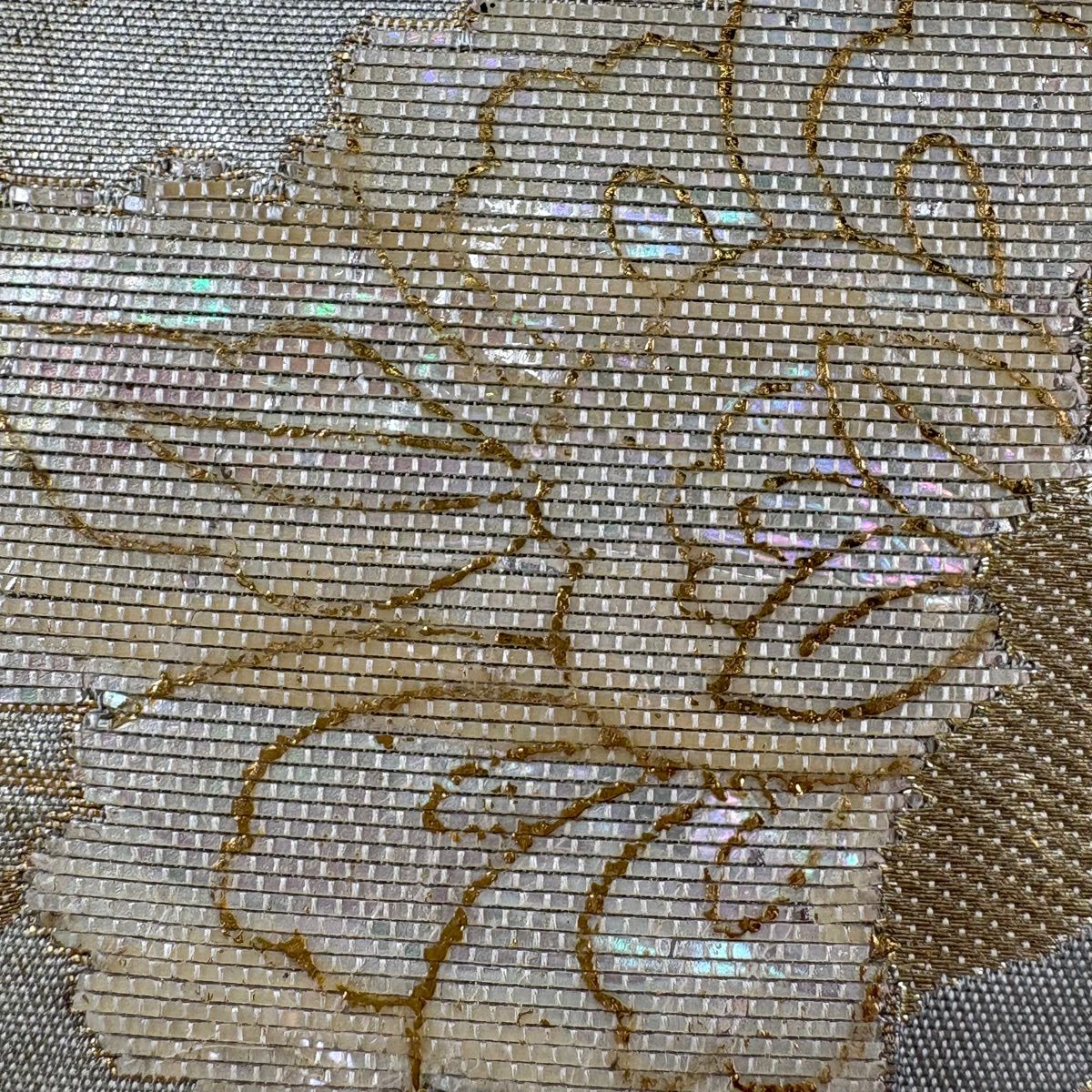 袋帶 優品級 花唐草紋 幾何圖案 金絲 金金箔 米色 大鼓圖案 純蠶絲
