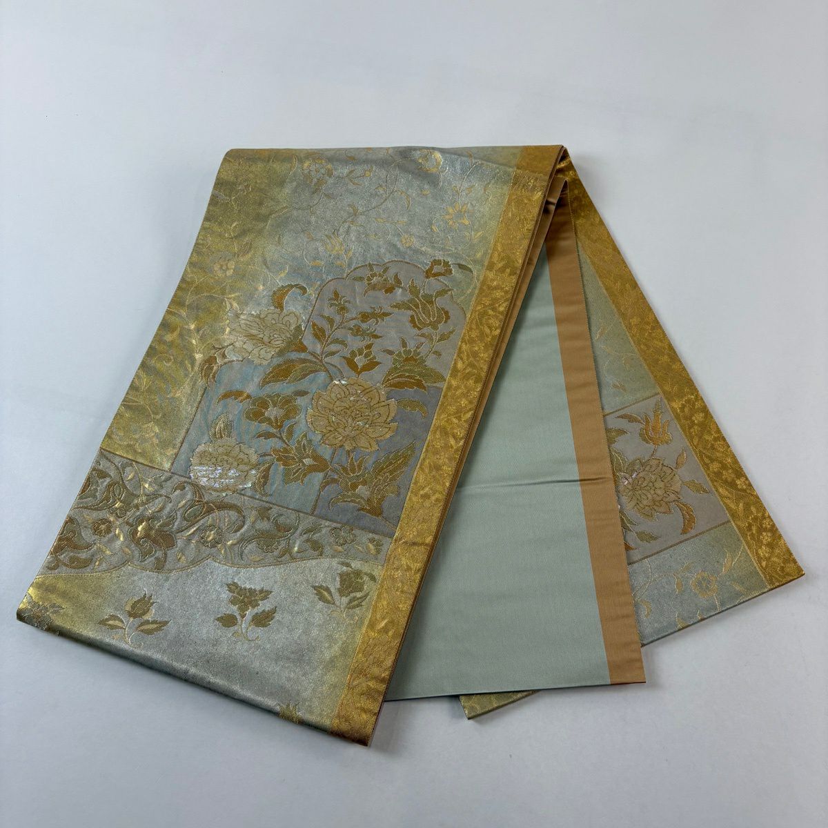 袋帶 優品級 花唐草紋 幾何圖案 金絲 金金箔 米色 大鼓圖案 純蠶絲