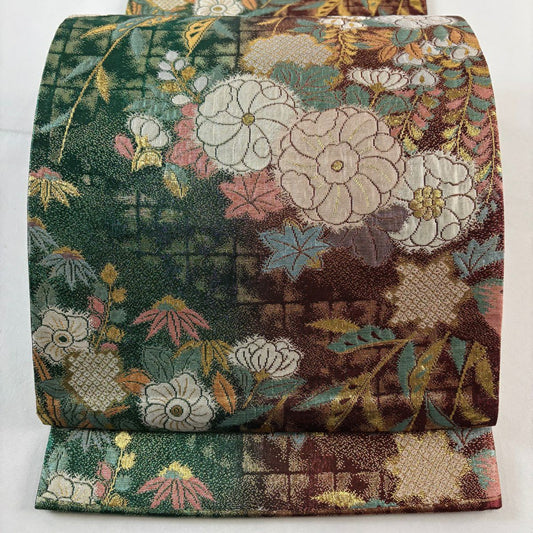 袋帶 秀品級 草花紋紋 格子 金金箔 紅茶 六通 純蠶絲