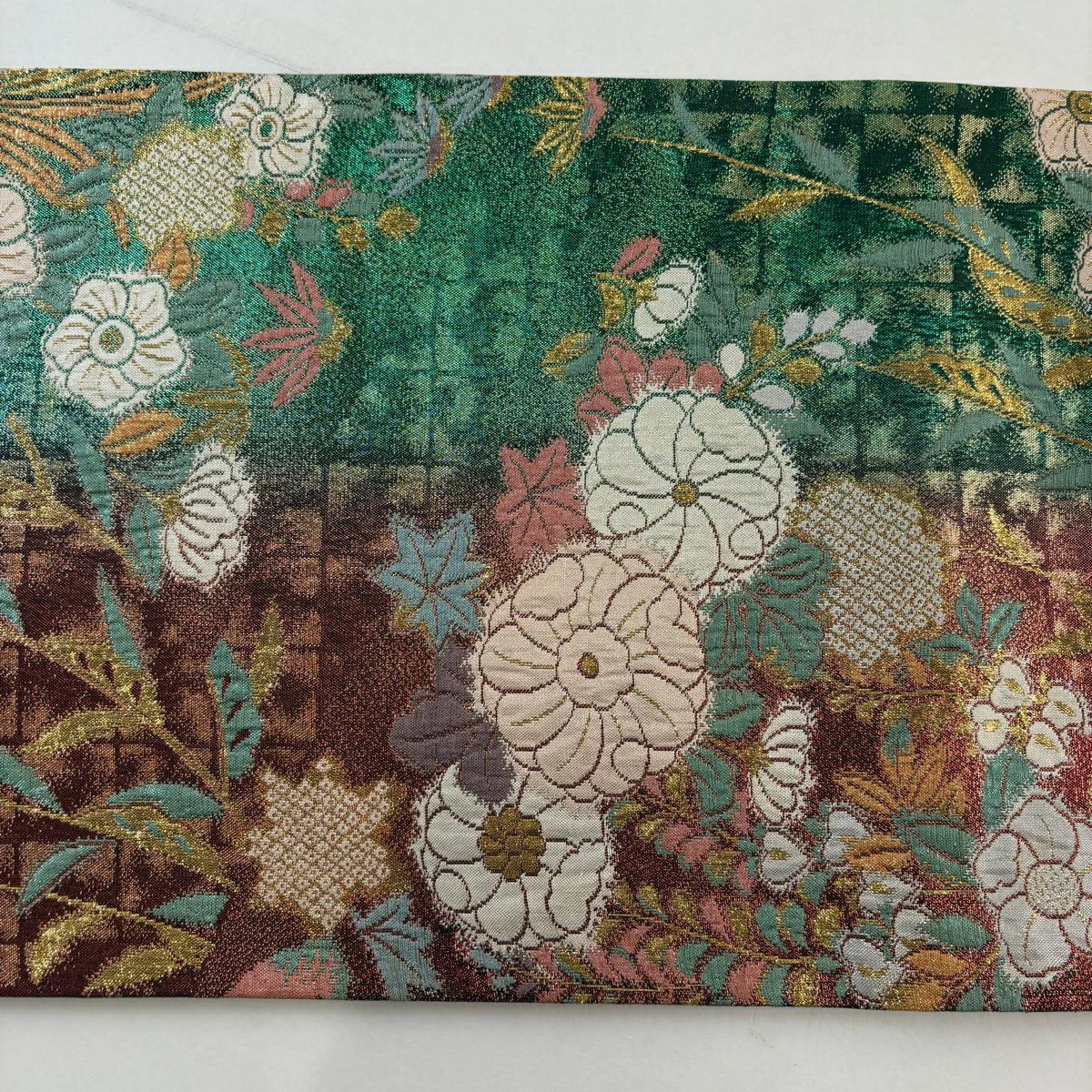 袋帶 秀品級 草花紋紋 格子 金金箔 紅茶 六通 純蠶絲