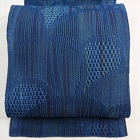 【美品】名古屋帶 秀品級 夏帶 八寸名古屋帶 幾何學 青 純蠶絲
