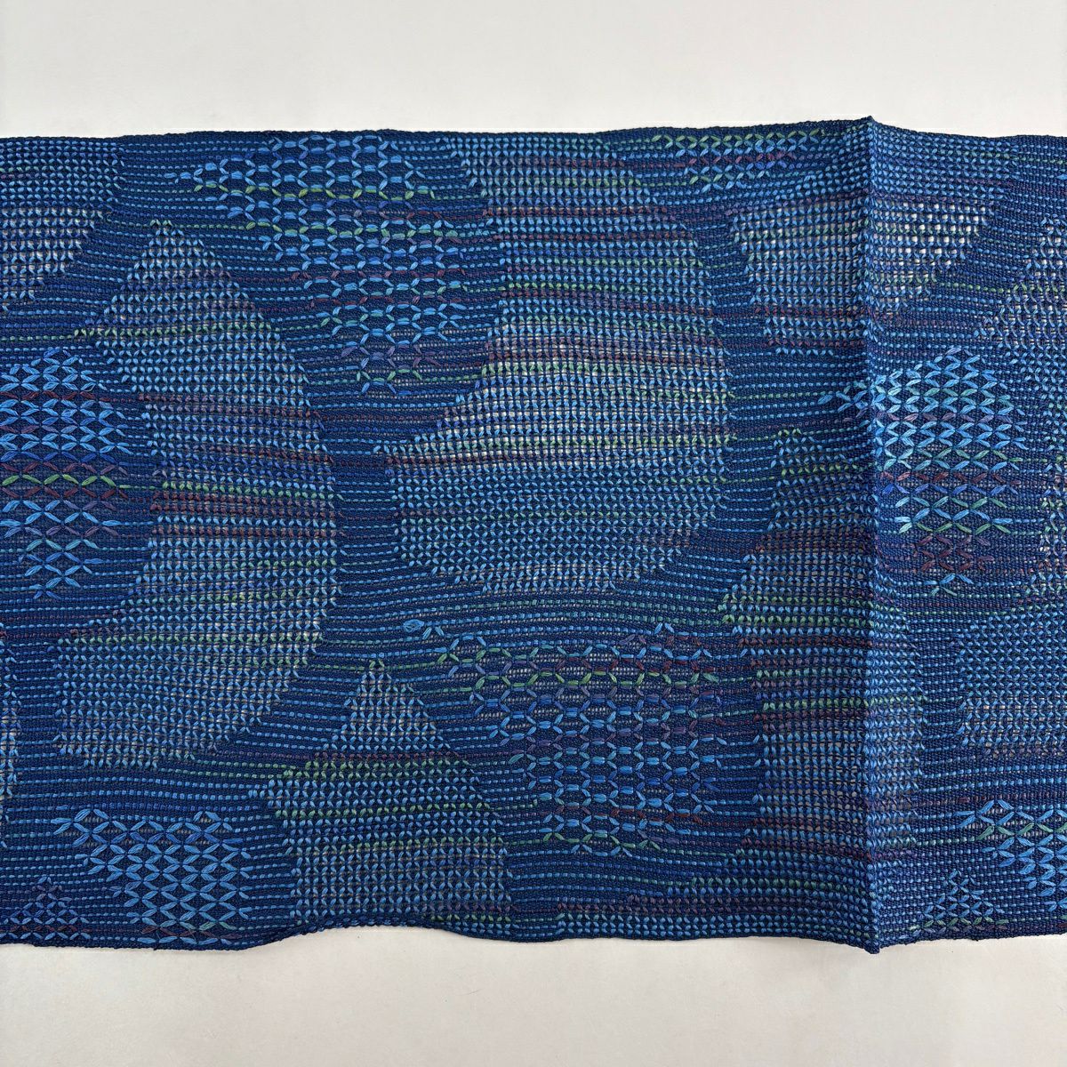 【美品】名古屋帶 秀品級 夏帶 八寸名古屋帶 幾何學 青 純蠶絲