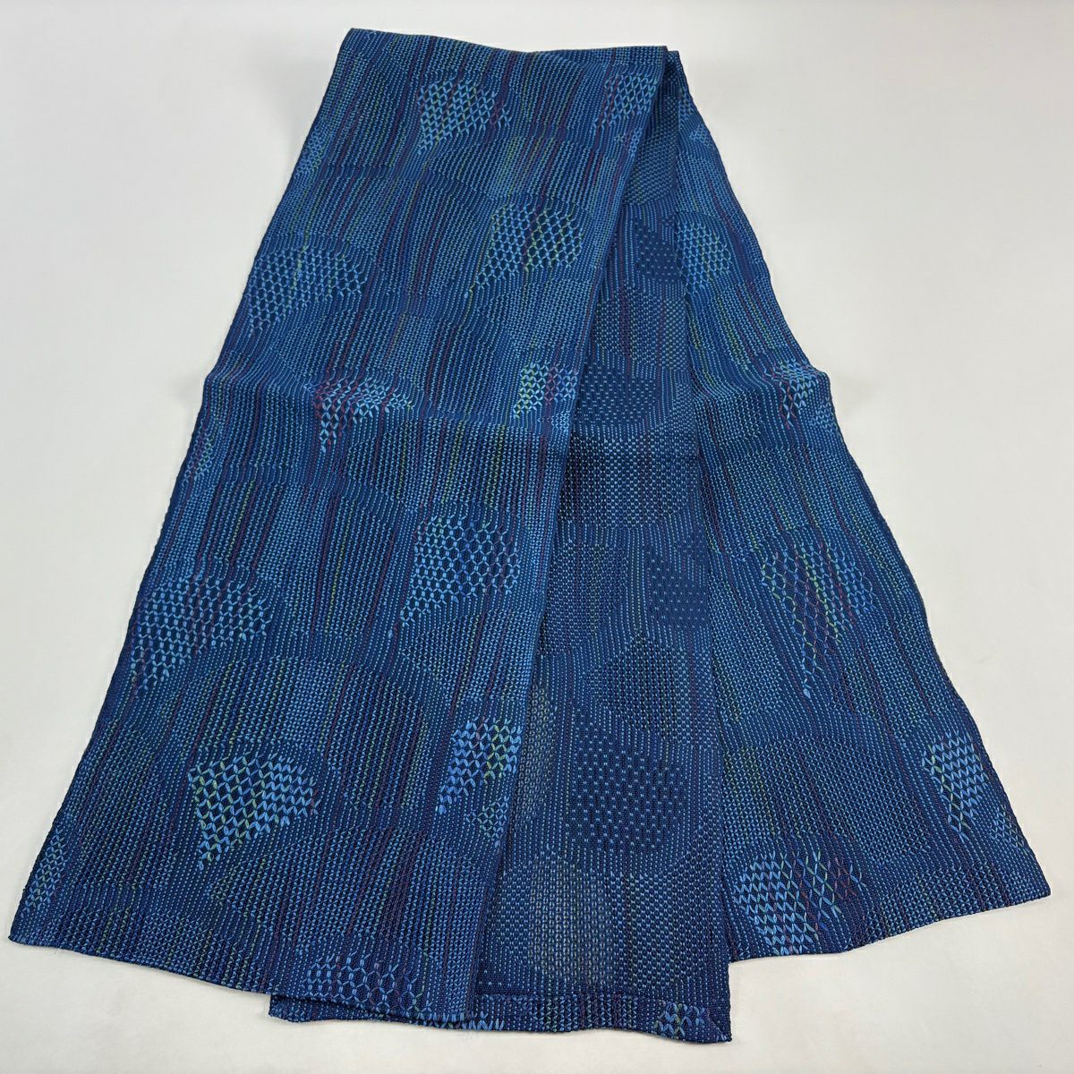 【美品】名古屋帶 秀品級 夏帶 八寸名古屋帶 幾何學 青 純蠶絲