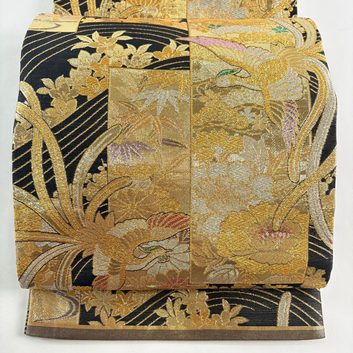 【美品】 袋帶 秀品級 振袖禮服禮服用 短冊 鳳凰 金金箔 金銀彩 金色 六通 純蠶絲