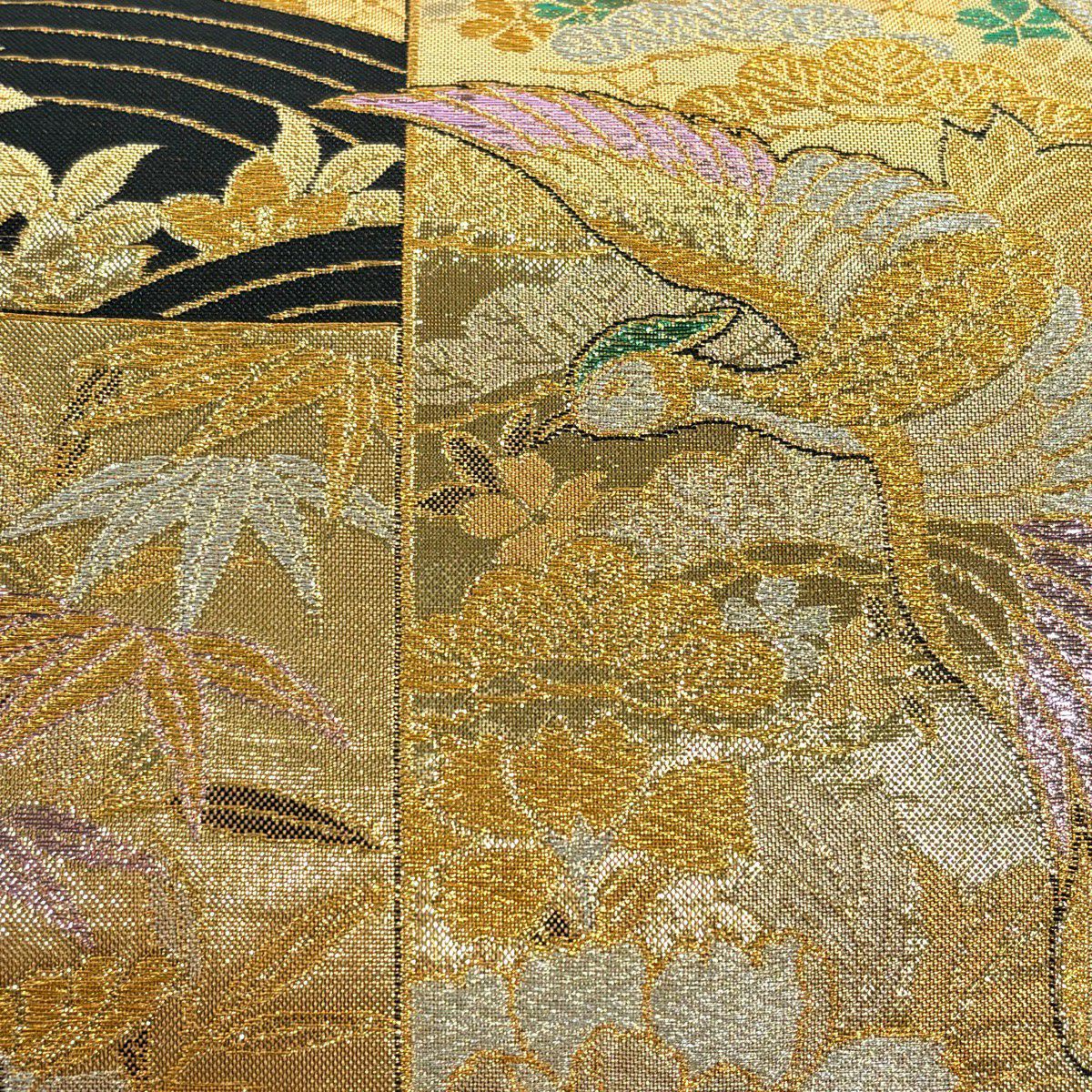 【美品】 袋帶 秀品級 振袖禮服禮服用 短冊 鳳凰 金金箔 金銀彩 金色 六通 純蠶絲