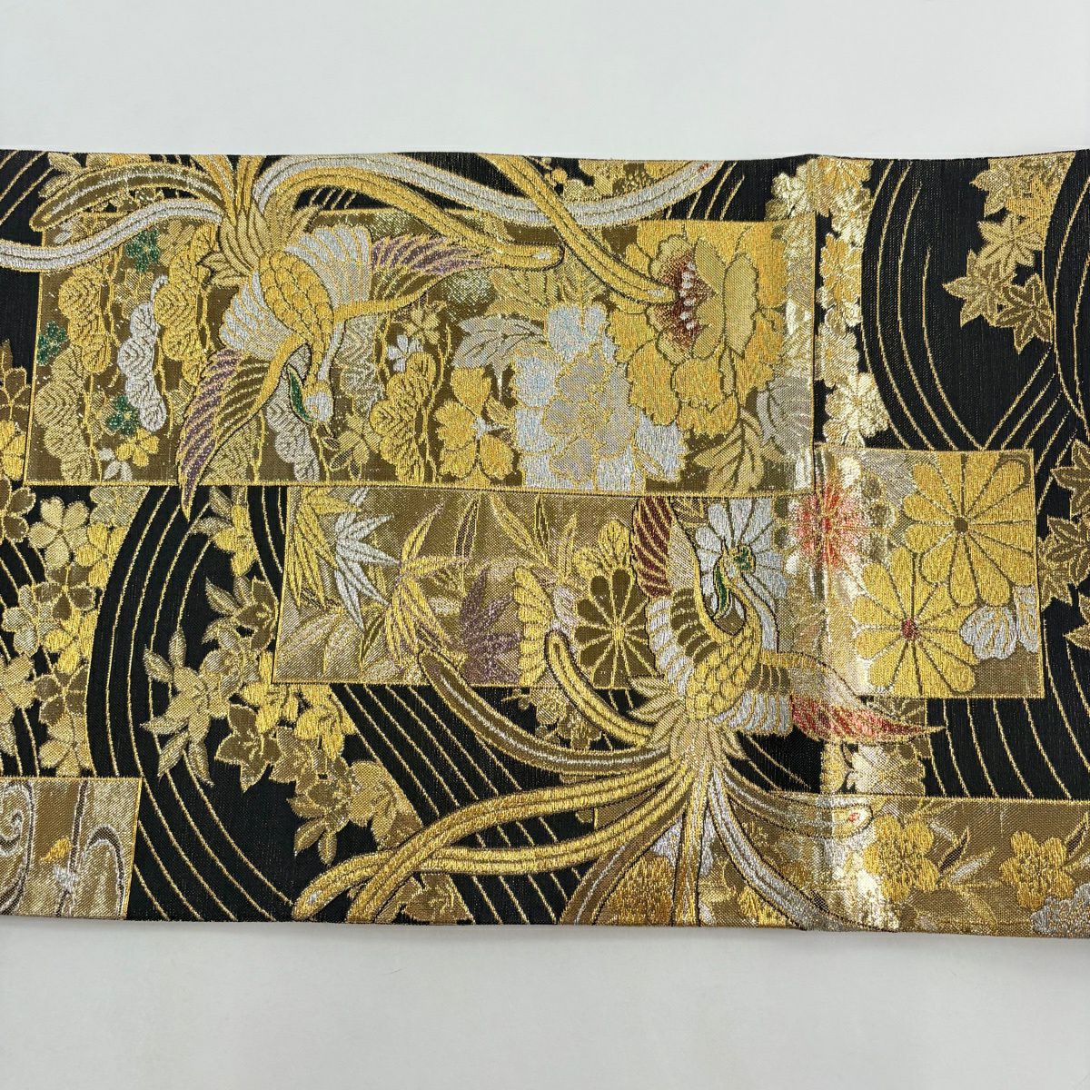 【美品】 袋帶 秀品級 振袖禮服禮服用 短冊 鳳凰 金金箔 金銀彩 金色 六通 純蠶絲
