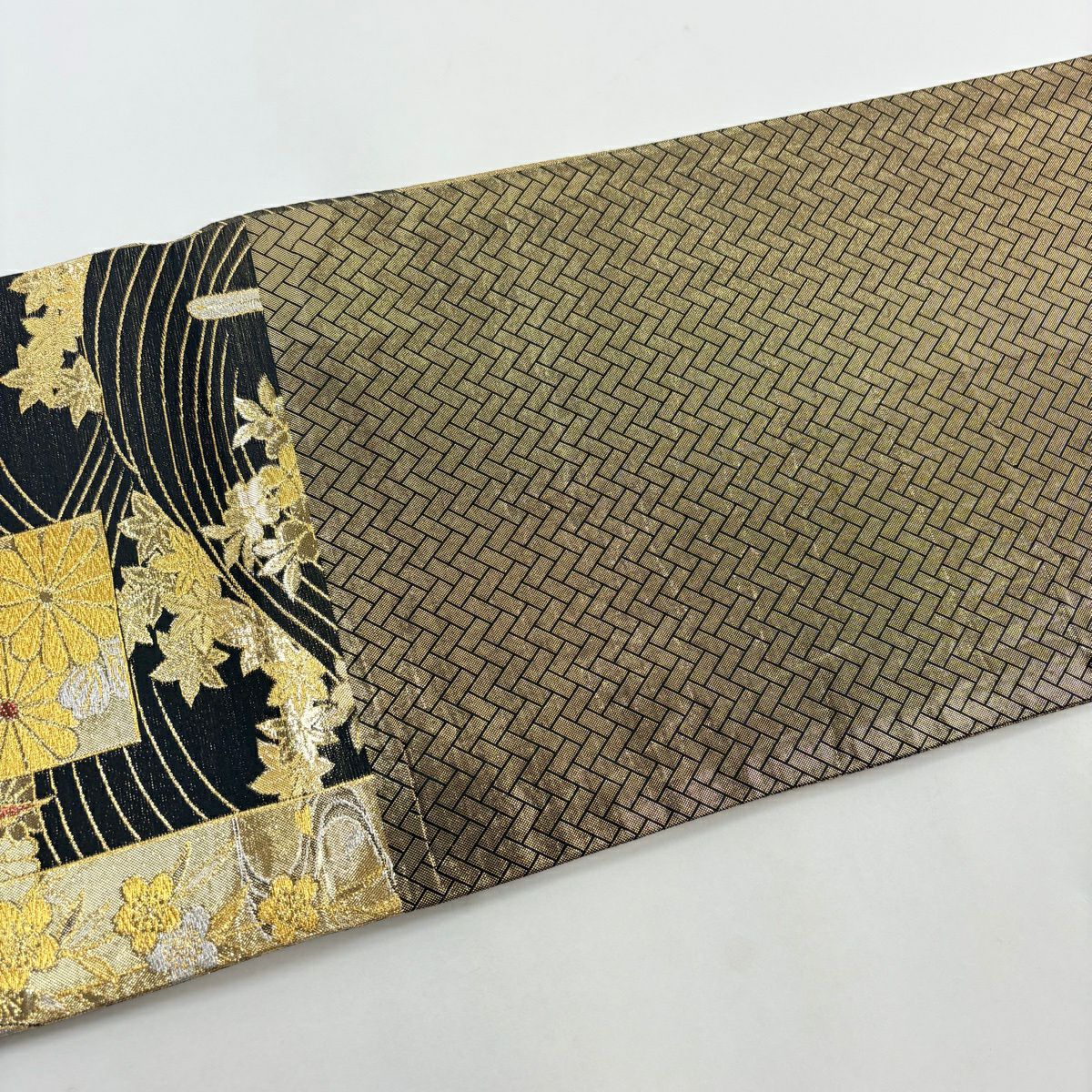 【美品】 袋帶 秀品級 振袖禮服禮服用 短冊 鳳凰 金金箔 金銀彩 金色 六通 純蠶絲