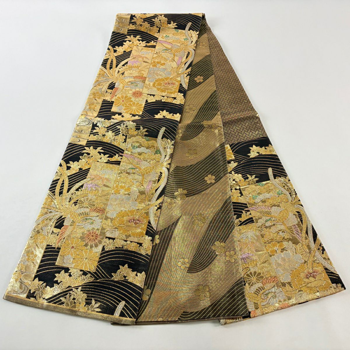 【美品】 袋帶 秀品級 振袖禮服禮服用 短冊 鳳凰 金金箔 金銀彩 金色 六通 純蠶絲