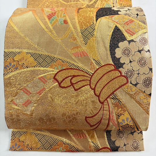 袋帶 秀品級 束捲熨斗紋 櫻花 金金箔 金絲 金色 全通 純蠶絲