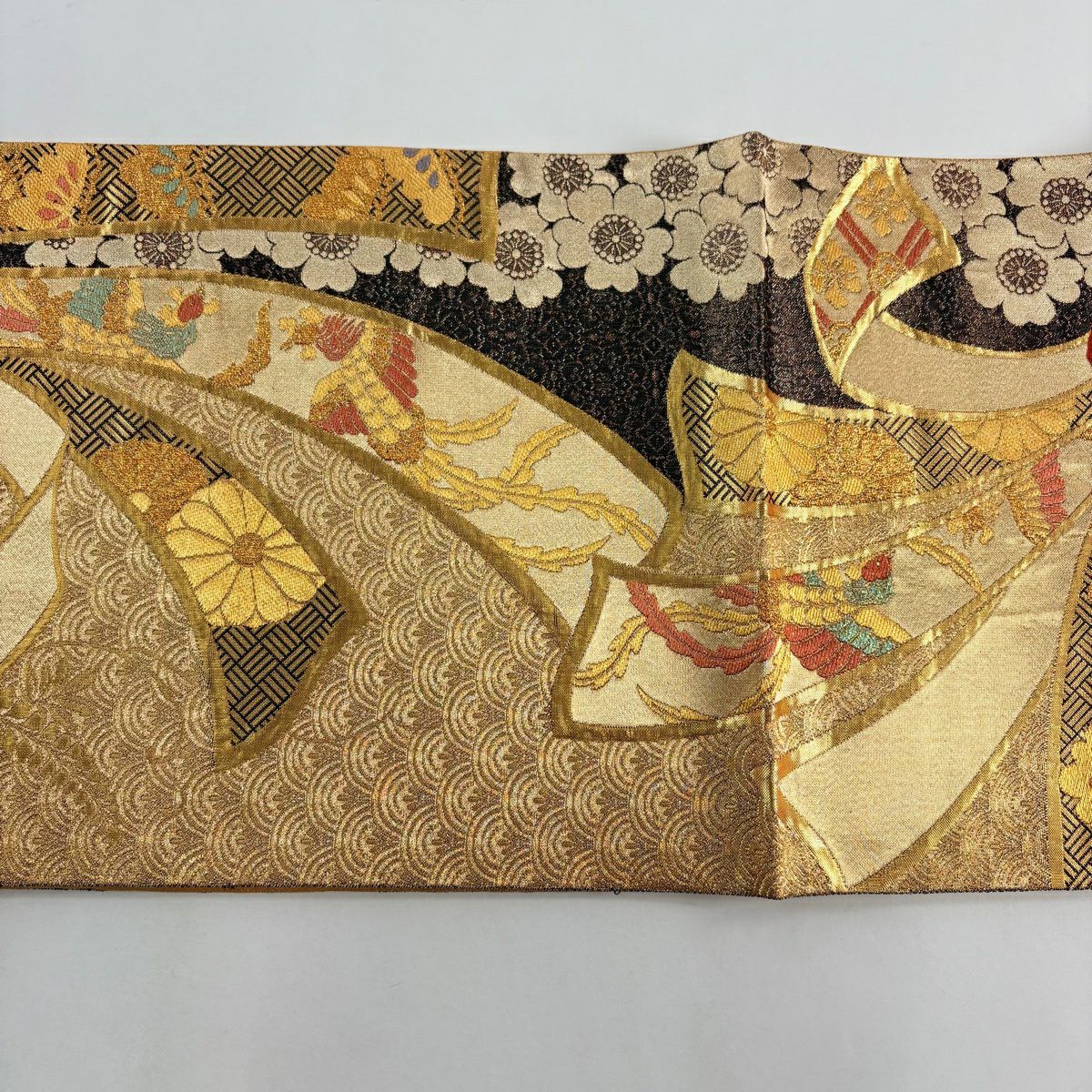 袋帶 秀品級 束捲熨斗紋 櫻花 金金箔 金絲 金色 全通 純蠶絲