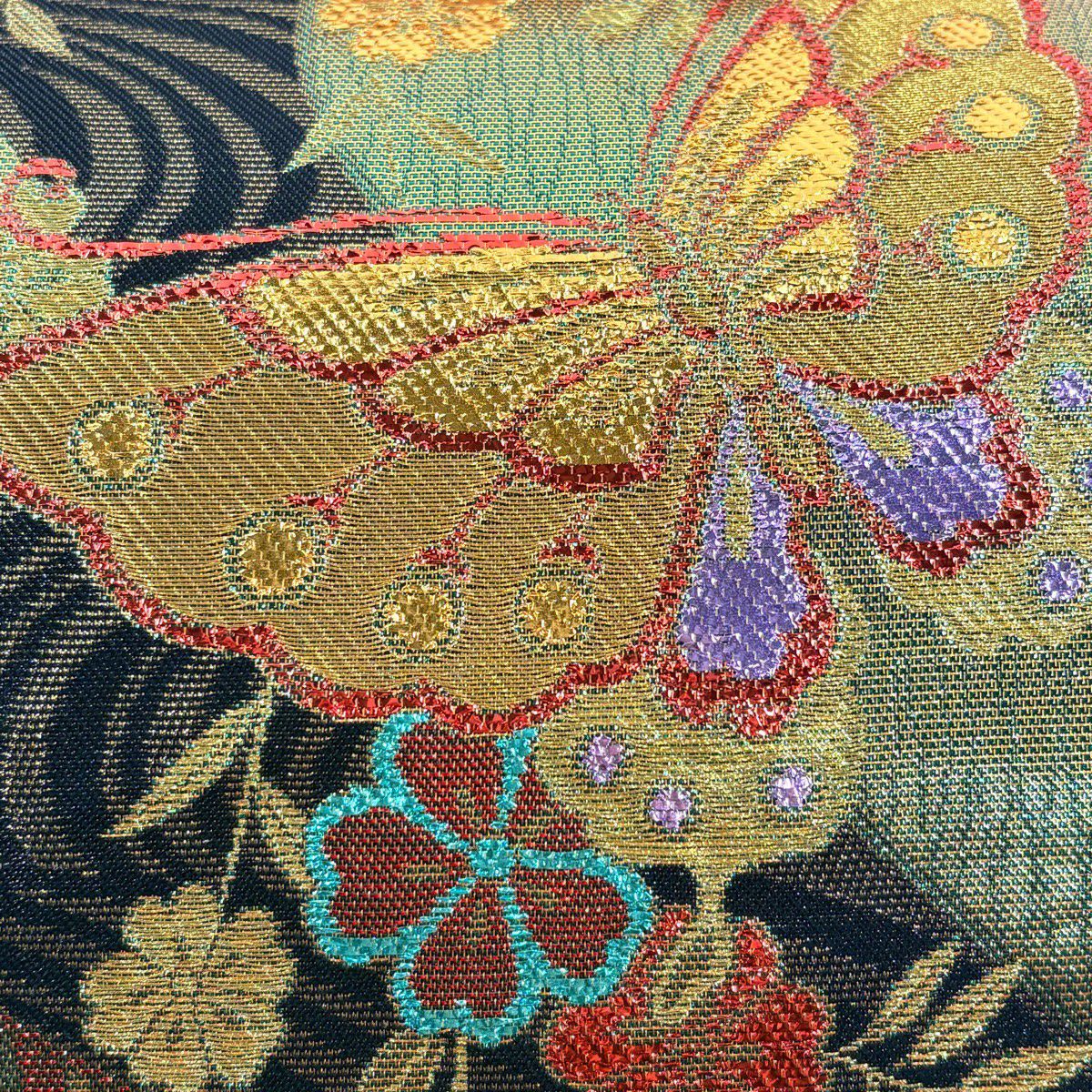 袋帶 優品級 振袖禮服禮服用 蝴蝶 櫻花 金金箔 金絲 金色 六通 純蠶絲