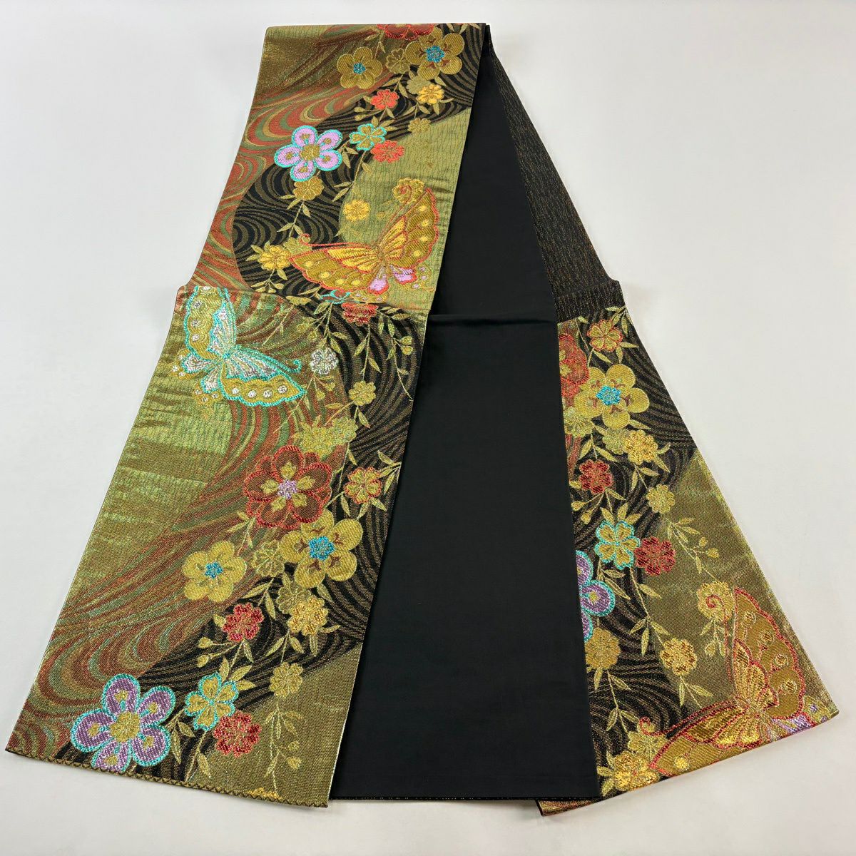 袋帶 優品級 振袖禮服禮服用 蝴蝶 櫻花 金金箔 金絲 金色 六通 純蠶絲