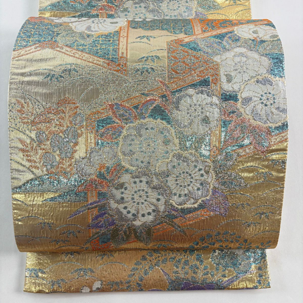 【美品】 袋帶 秀品級 草花紋紋 屏風 金金箔 金色 六通 純蠶絲